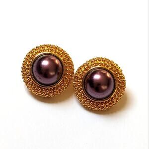 Vintage Gold Tone Purple Cabochon Textured Small Button Clip On Earrings